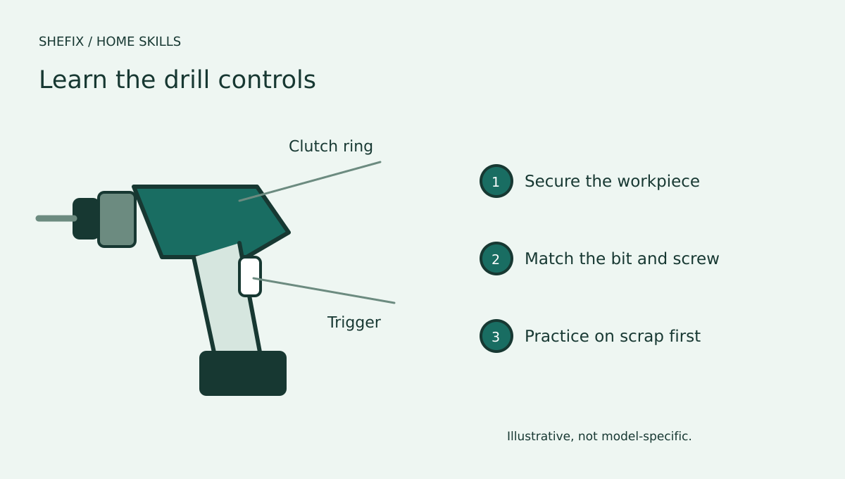 A cordless drill with its chuck, clutch ring, direction selector, and trigger identified