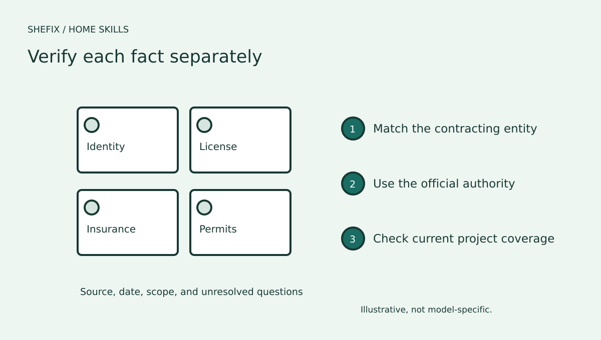 Separate verification checks for business identity, license scope, insurance, and permit responsibility