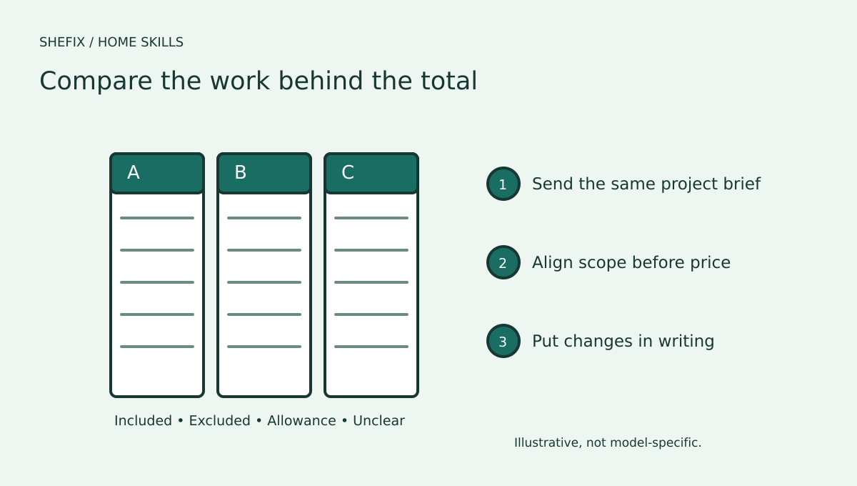 Three estimate columns compared across scope, materials, exclusions, timing, and payment terms
