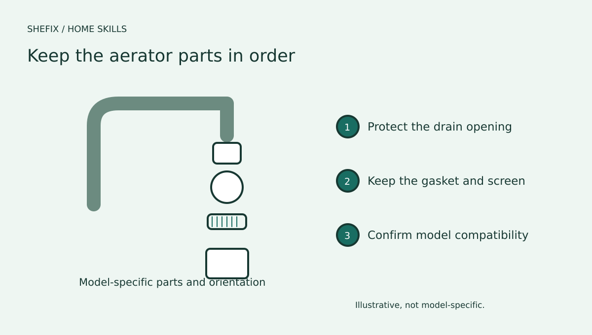 A faucet spout with an aerator housing, screen, and gasket arranged for reassembly
