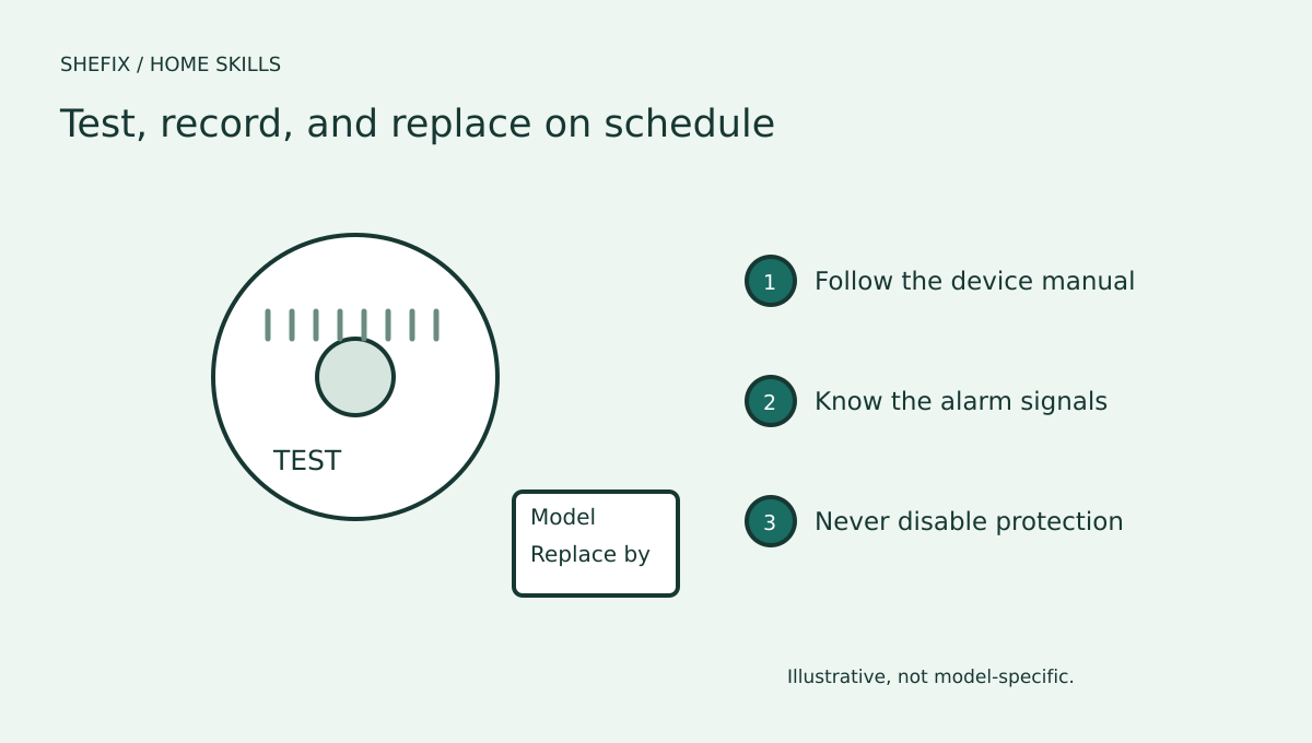 A home alarm maintenance illustration showing the test control, model label, and replacement date record
