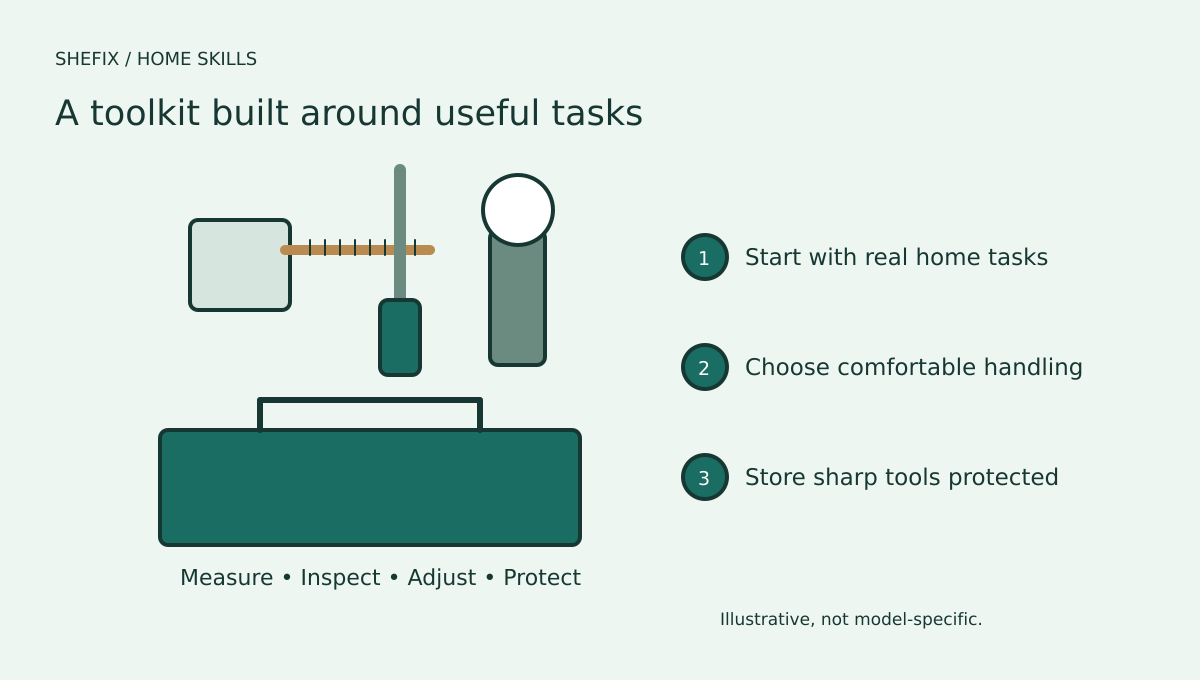 A practical starter toolkit showing measuring, hand tools, a light, and protective equipment