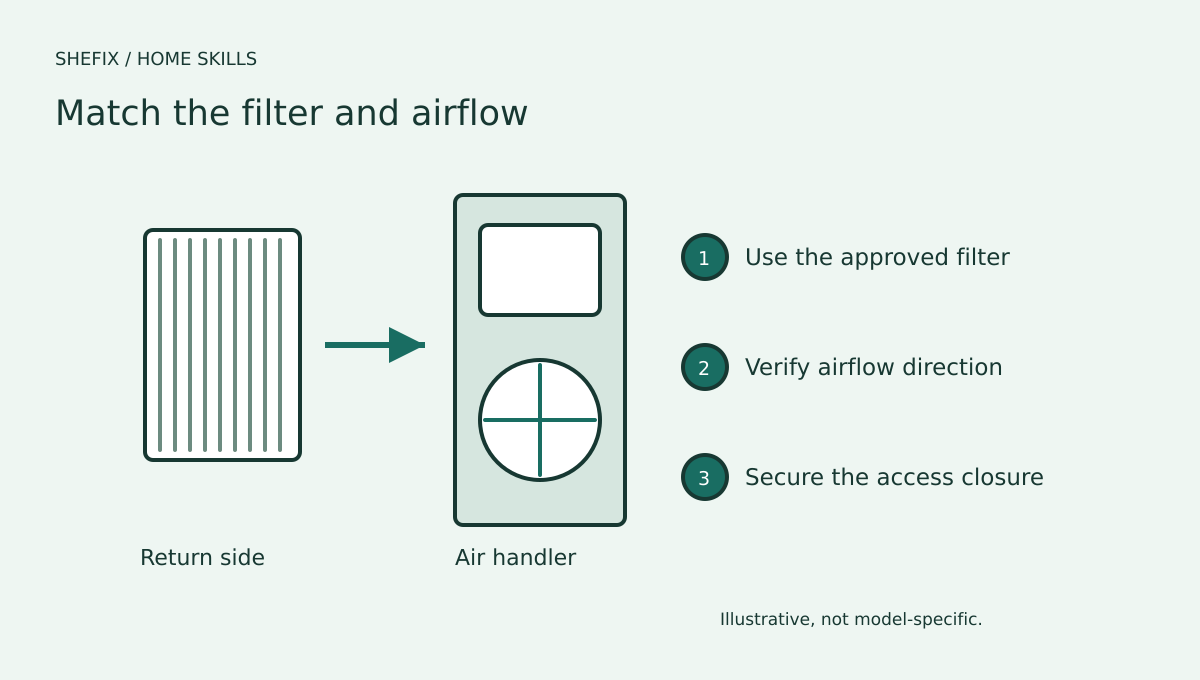 A filter rack illustration showing the airflow arrow pointing toward the air handler