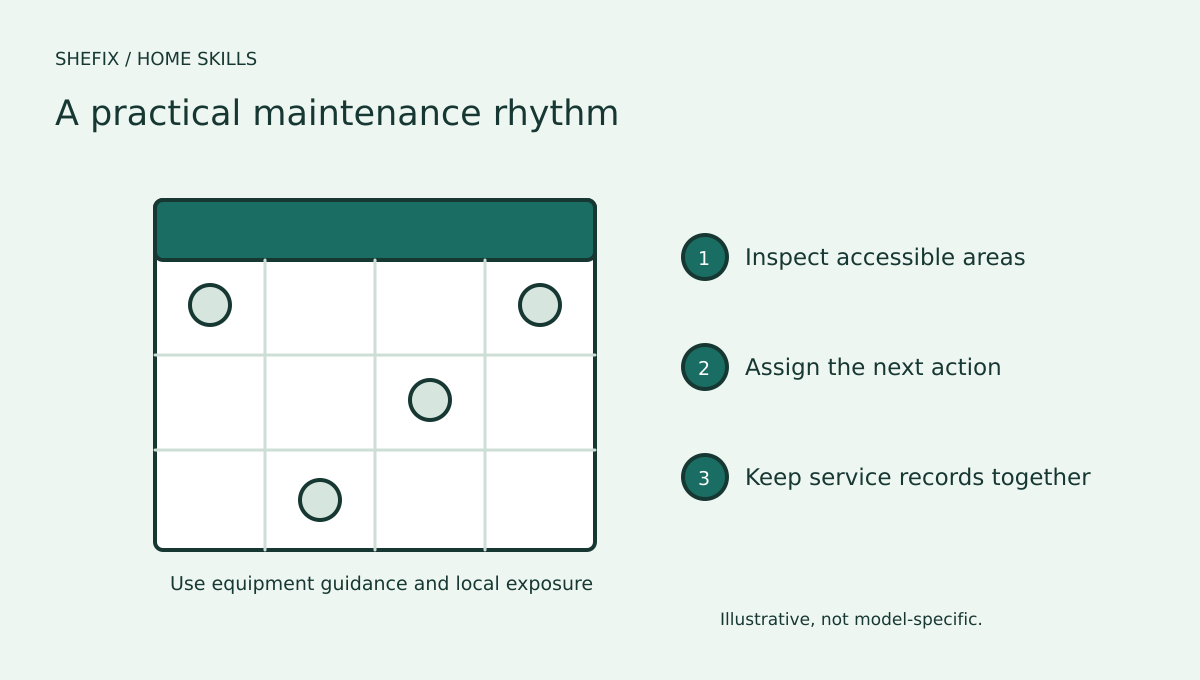 A home maintenance calendar divided into inspect, service, document, and follow-up activities