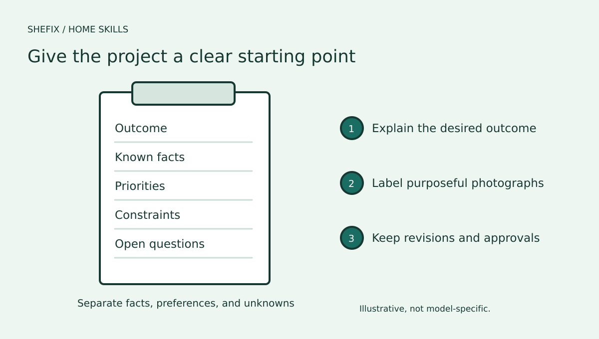 A project brief organized into outcome, known facts, priorities, constraints, and open questions