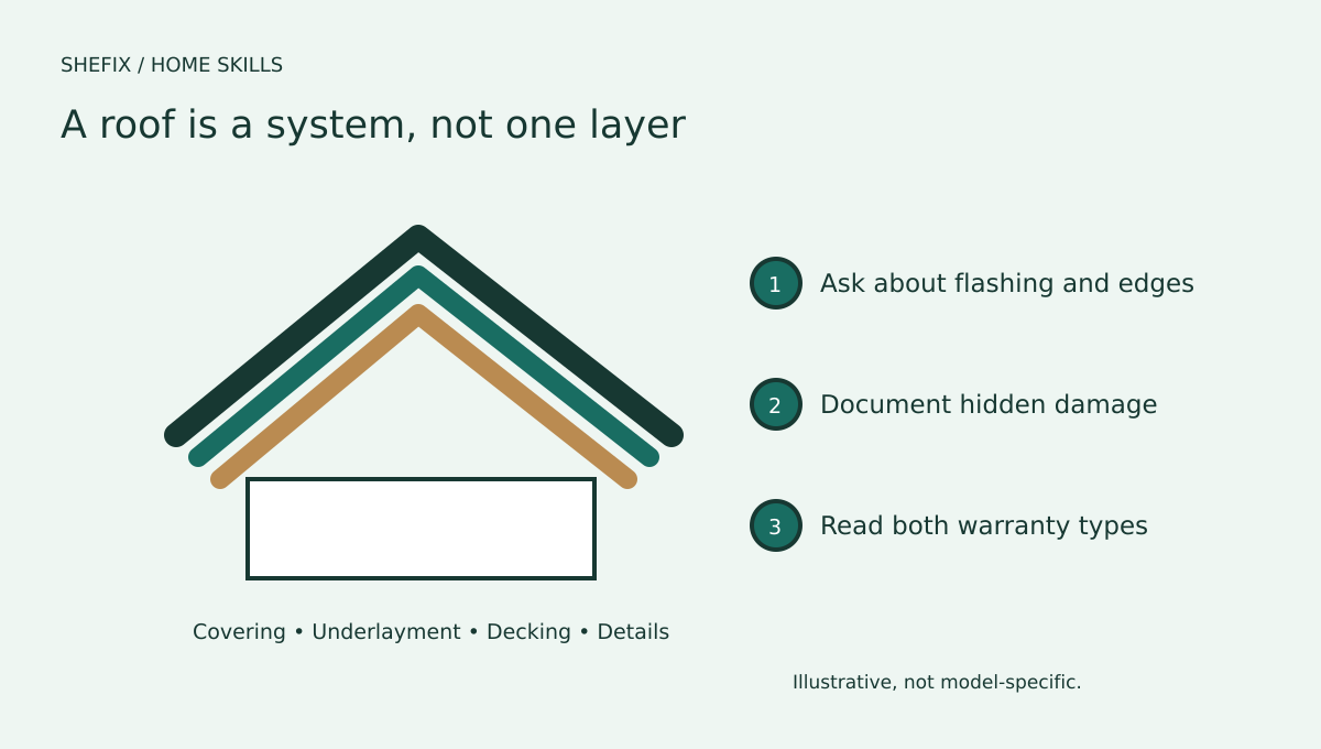 A roofing estimate illustration separating the visible covering from underlayment, decking, and flashing details
