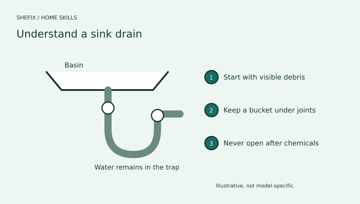 A sink drain showing the stopper above and the curved trap beneath the basin