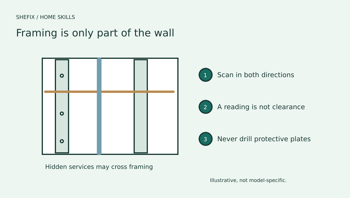 A wall illustration showing wood studs alongside concealed pipe and wire zones