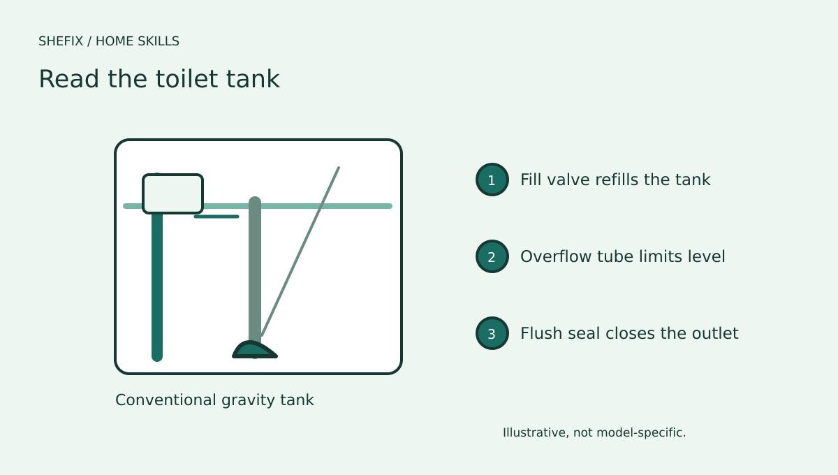 A conventional toilet tank showing the fill valve, overflow tube, and flush seal