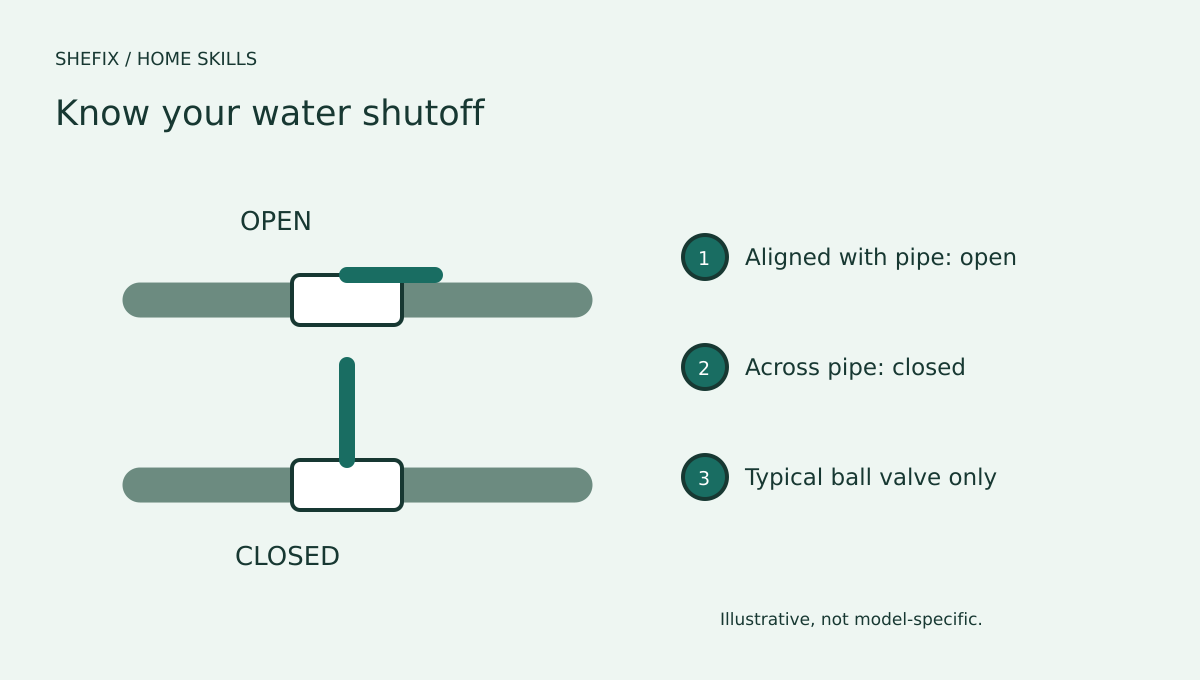 A ball valve lever aligned with the pipe is shown open; a lever across the pipe is shown closed