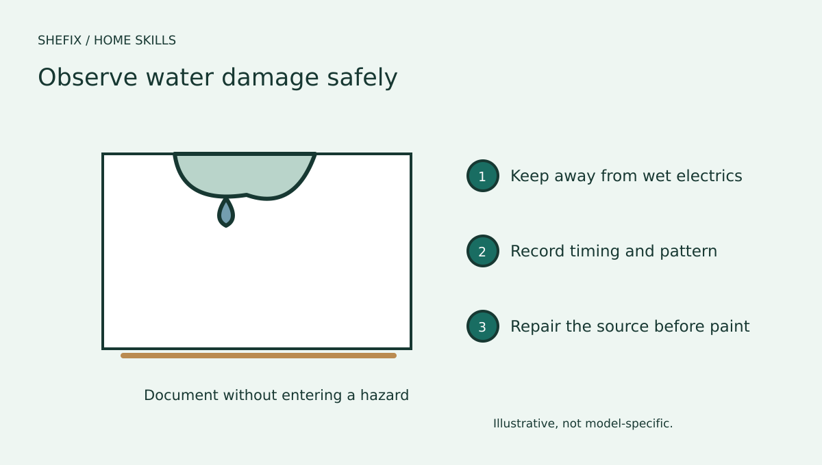 A ceiling stain observation guide showing documentation from a safe distance and hazard boundaries